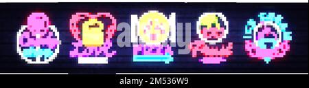 Große Kollektion Neonschilder zum Themenessen. Set Neon Signs Burger, Süßigkeiten, Pizza, Obst, Eisdiele, Süßwarenladen. Neonbanner, Lichtzeichen-Logos. Ve Stock Vektor