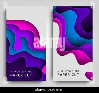 Vertical Banners Moderne Papierkunst Cartoon abstraktes Violett und blaue Wasserwellen. Papierschnitt, 3D-Effekt-Imitation, Platz für Text. Origami Design t Stock Vektor