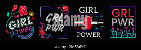 Girls Power IS Collection – T-Shirt mit Schriftzug und Stickerei. Feministischer Slogan, Rock-Druck. Modischer Schriftzug mit Rosen. Girl Gang Patches, Abzeichen T-sh Stock Vektor