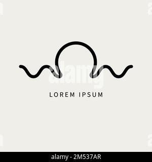 Logo mit minimaler Sonne und Meer. Minimalistisches Landschaftssymbol mit Sonne und Meer für Resort, Reisebüro. Sommersymbol mit Ozean, Meer Stock Vektor