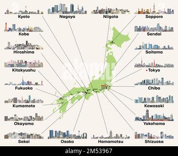 Karte Japans mit den wichtigsten Skylines der Städte. Vektordarstellung Stock Vektor