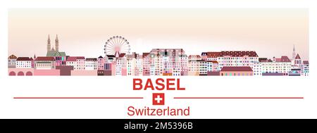 Basler Skyline im Vektorposter mit hellen Farbpaletten Stock Vektor