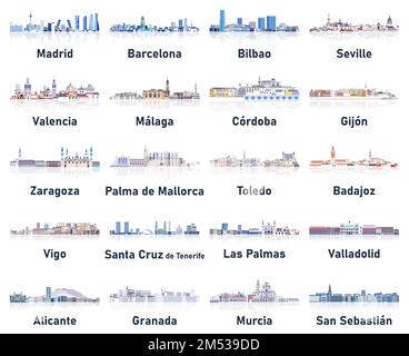 Die Skyline von Spanien in sanften, kalten Farbtönen wird als Vektorsatz verwendet. Kristall-Ästhetik Stock Vektor