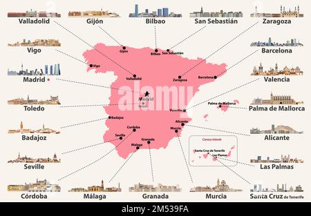 Karte Spaniens mit den Skylines der wichtigsten Städte. Vektordarstellung Stock Vektor