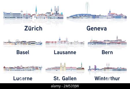 Die Skylines der Schweizer Städte in sanften, kalten Farbtönen Vektorset. Kristall-Ästhetik Stock Vektor