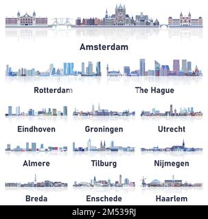 Niederländische Städte-Skylines in sanften, kalten Farbtönen Vektorset. Kristall-Ästhetik Stock Vektor