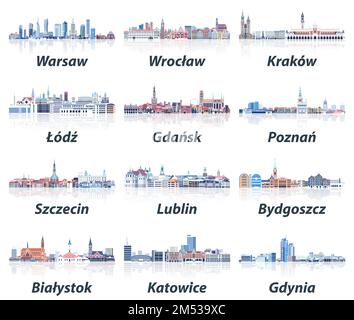 Polens Skylines in sanften, kalten Farbtönen Vektorset. Kristall-Ästhetik Stock Vektor