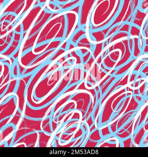 Abstrakte nahtlose Musterkreise und Linien. Ausgefranste magentafarbene Linien. Modisches, trendiges Muster im Graffiti-Stil. Stock Vektor