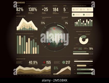 Futuristisches Dashboard-Design mit Diagrammen, Planet und Diagrammen. HUD Data Control Center-Vorlage. Head-up-Display und futuristische Benutzeroberfläche, Benutzeroberfläche Stock Vektor