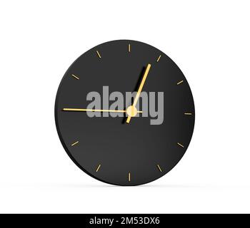 Design einer hochwertigen schwarzen Uhr mit goldenen Pfeilen, die 12:45 isoliert auf weißem Hintergrund zeigen Stockfoto