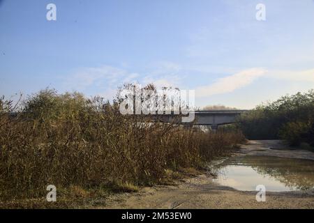Unbefestigter Pfad mit Pfützen und einer Brücke im Hintergrund auf dem Land Stockfoto