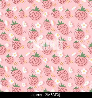 Süßes Erdbeermuster mit Blumen und Blättern. Perfekt für Sommer und Frühling. Nahtloses, niedliches Muster. Für Textilien, Textilien, Tapeten Stock Vektor