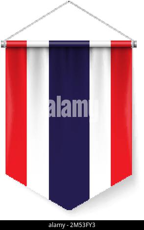 Vertikale Pennant-Flagge Thailands als Symbol auf Weiß mit Schatteneffekten. Patriotisches Schild in offizieller Farbe und Blume, Thailändische Flagge mit Metallic-Stangen Ha Stock Vektor