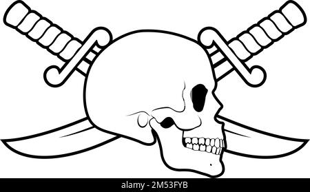 Schädel-Seitenansicht mit gekreuzten Sabern dahinter. Schwarz-Weiß-Darstellung des Piratensymbols Stock Vektor