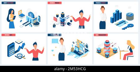 Analyse und Visualisierung von Finanzdaten, Cyber-Sicherheit im Finanzwesen, Zinssätze und Investitionen – Vektordarstellung. Cartoon Tiny People schützen Zahlungsinformationen mit einem digitalen Schild Stock Vektor