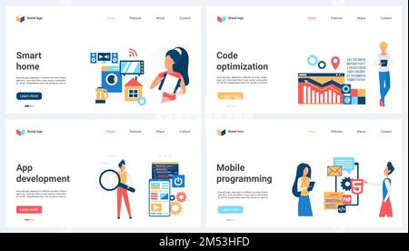Entwicklung und Optimierung mobiler Anwendungen, Smart Home Set-Vektordarstellung. Cartoon Tiny People steuern Haushaltsgeräte online, Programmierer optimieren Programmcode, entwickeln Software Stock Vektor