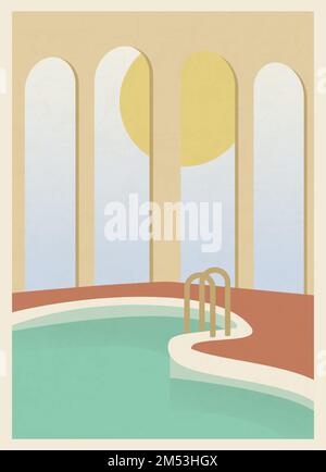 Vector Cottage Äußere mit Swimmingpool, flaches Design, modernes Haus Stock Vektor