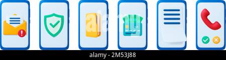 Telefon-3D-Symbole, mobile Zahlung und digitale Dokumente. Isolierte Smartphone-, Mail-Agent- und Technologiesicherheit. Eingehender Anruf, Karten und Rechnung auf Vektor Stock Vektor