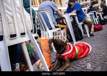 Rio De Janeiro, Brasilien. 24. Dezember 2022. Ein Hund in einem Weihnachtskleid sitzt am Fuß seines Besitzers, während er auf das Wohltätigkeitsessen am Weihnachtsabend wartet. Weihnachtsessen für Obdachlose im Zentrum von Rio de Janeiro. 150 Freiwillige unter der Baptistenkirche mobilisiert auf dem Platz Largo de Carioca, um den Menschen, die in den Straßen der Innenstadt von Rio de Janeiro leben, ein Weihnachtsessen zu servieren. Seit 15 Jahren organisiert die Baptistenkirche diese Veranstaltung für Obdachlose. In Brasiliens zweitgrößter Stadt leben rund 15.000 Menschen auf den Straßen ohne Zuhause. Kredit: SOPA Images Limited/Alamy Live News Stockfoto