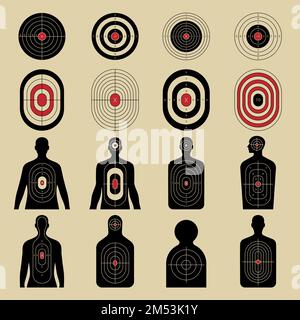 Schieß auf das Ziel. Geometrische Formen und menschliche Silhouetten für den Schießsaal mit Militärwaffen. Aktuelle Vektorziele für Darts-Training Stock Vektor