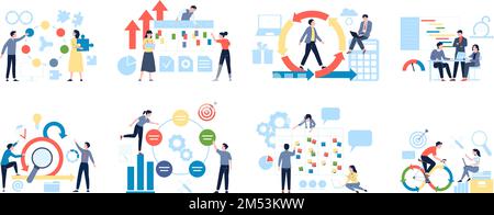 Agiler Projektmanagementprozess, Produktentwicklung und Deadline. Scrum-Methode an Bord, Zeitmanager und Planung, aktuelle Vektorszenen Stock Vektor