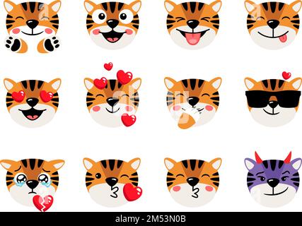 Cartoon niedlicher Tierkopf mit Gesichtsausdruck. Tiger-Symbole Satz von Emoticons isolierte Vektordarstellung auf Weiß. Tigerköpfe mit Emoticons, Zeichentrickfiguren, Maskottchen-Sammlung Stock Vektor