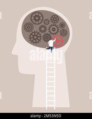 Der Kopf der Person, in dem der Psychologe die Lösung des Problems mit der Laterne hervorhebt. Patientenpsychotherapie. Gedankenlernprozess. Gedankenforschung im Innern. Vektordarstellung Stock Vektor