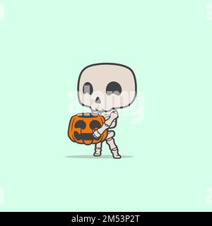 Ein Vektorbild eines süßen, lustigen Skelettgeistes, der einen Kürbis hält - Halloween-Konzept Stock Vektor