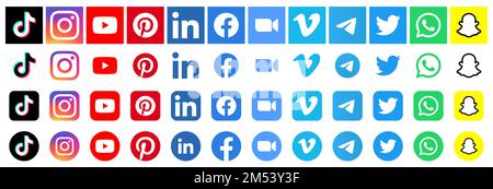 TikTok, Instagram, YouTube, Pinterest, LinkedIn, Facebook, Zoom, Vimeo, Telegram, Twitter, Symbolsatz für WhatsApp und Snapchat Social-Media-App. Vektordarstellung. Stock Vektor
