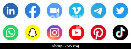 TikTok, Instagram, YouTube, Pinterest, LinkedIn, Facebook, Zoom, Vimeo, Telegram, Twitter, Symbolsatz für WhatsApp und Snapchat Social-Media-App. Vektordarstellung. Stock Vektor