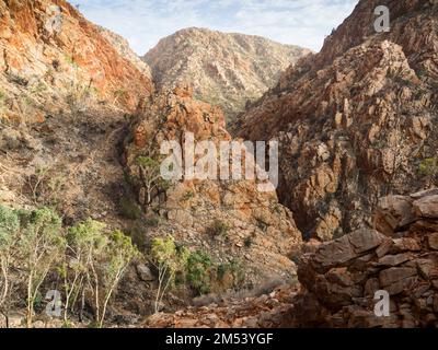 Zerklüftete Felsformationen von einem Pass auf Abschnitt 3 des Larapinta Trail über Standley Chasm., West MacDonnell (Tjoritja) National Park. Stockfoto