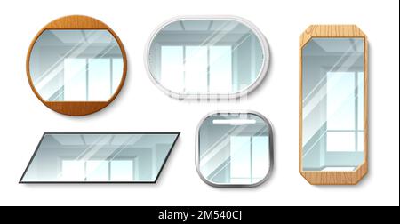Verschiedene geometrische Formen spiegeln sich. Realistische Innenobjekte in Metall- und Holzrahmen verschiedene Formen, rund oval und quadratisch, Wandmontage Stock Vektor