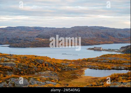 Farbenfrohe Herbsttundra vor dem See in Liinahamari. Stockfoto