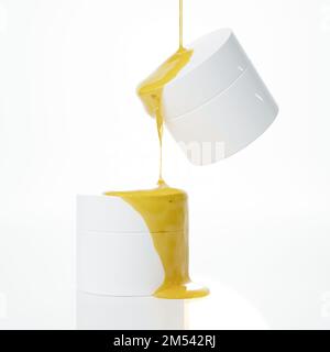 Zwei schwimmende Kosmetikgläser und flüssige Honigcreme, die aus über 3D ml strömen, werden isoliert auf weißem Hintergrund gerendert Stockfoto