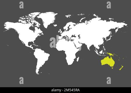 Australien Kontinent grün markiert mit weißer Silhouette der Weltkarte. Einfache Darstellung eines flachen Vektors. Stock Vektor