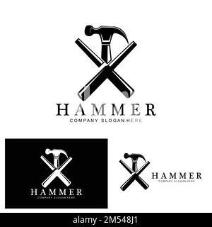 Hammer, Bauwerkzeuge und Richter Logo Vektor-Symbol, vintage Retro-Design-Illustration Stock Vektor