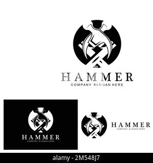 Hammer, Bauwerkzeuge und Richter Logo Vektor-Symbol, vintage Retro-Design-Illustration Stock Vektor