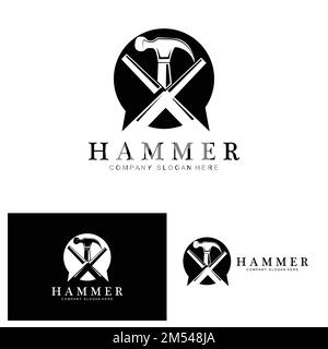 Hammer, Bauwerkzeuge und Richter Logo Vektor-Symbol, vintage Retro-Design-Illustration Stock Vektor