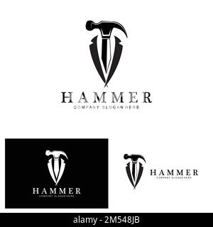 Hammer, Bauwerkzeuge und Richter Logo Vektor-Symbol, vintage Retro-Design-Illustration Stock Vektor