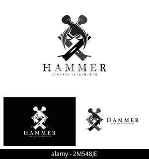 Hammer, Bauwerkzeuge und Richter Logo Vektor-Symbol, vintage Retro-Design-Illustration Stock Vektor