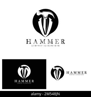 Hammer, Bauwerkzeuge und Richter Logo Vektor-Symbol, vintage Retro-Design-Illustration Stock Vektor