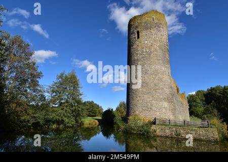 Die Ruinen der begrabenen Burg Baldenau im Tal des Dhron bei Morbach in Hunsrueck, Burgfried und Graben mit Reflexion, Hunsrueck Stockfoto