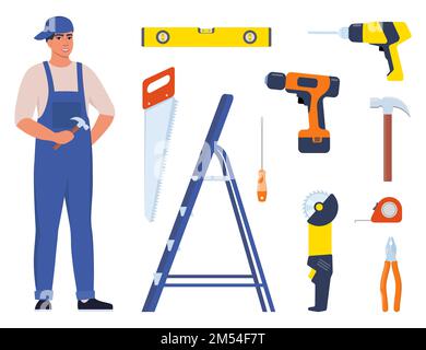 Werkstattmeister oder Mechaniker und Sammlung von Werkzeugen. Der männliche Charakter in Uniform mit einem Satz professioneller Instrumente. Vektordarstellung Stock Vektor