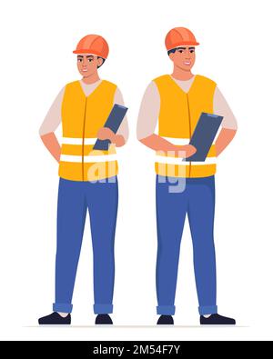 Mann und Frau Ingenieur. Bauarbeiter in Uniform und orangefarbenem Schutzhelm, halten Klemmbrett mit Checkliste. Leiter der Bauarbeiten. Ve Stock Vektor