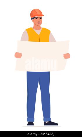 Ingenieur. Bauarbeiter in Uniform und orangefarbenem Schutzhelm, hält Zeichnung in den Händen. Leiter der Bauarbeiten. Vector Illustrati Stock Vektor
