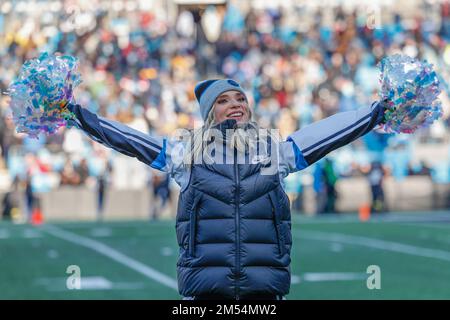 Charlotte, NC, USA; Carolina Panthers Cheerleaderin Emma jubelt während eines NFL-Spiels gegen die Detroit Lions im Bank of America Stadium, Samstag, Dece Stockfoto