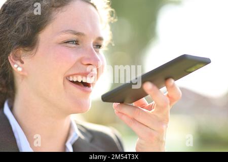 Glückliche Geschäftsfrau, die am Telefon Nachrichten diktiert Stockfoto