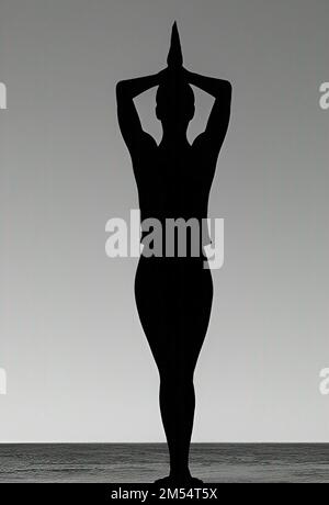 Yoga-Girl-Silhouette und das Meeresbild, Yoga-Hintergrund Stockfoto