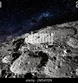 Hochwertige Raummondsterne im Hintergrund. Idee der Konzeptuniversum-Fotogalaxie. „Elemente dieses Bildes bereitgestellt von der NASA“. HD Krater Mond. Stockfoto