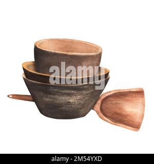 Handgezeichnete, wasserfarbene Keramikschüsseln und Holzspachtel. Das ist ein Teil der großen indischen Gewürze Stockfoto